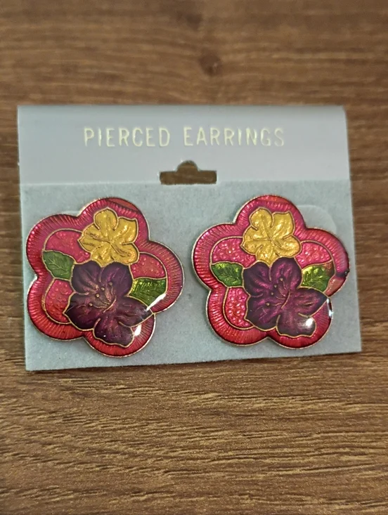 Red Pink Floral Enamel Stud Earrings Statement Retro Bold Flower Earrings Cute - Picture 2 of 5